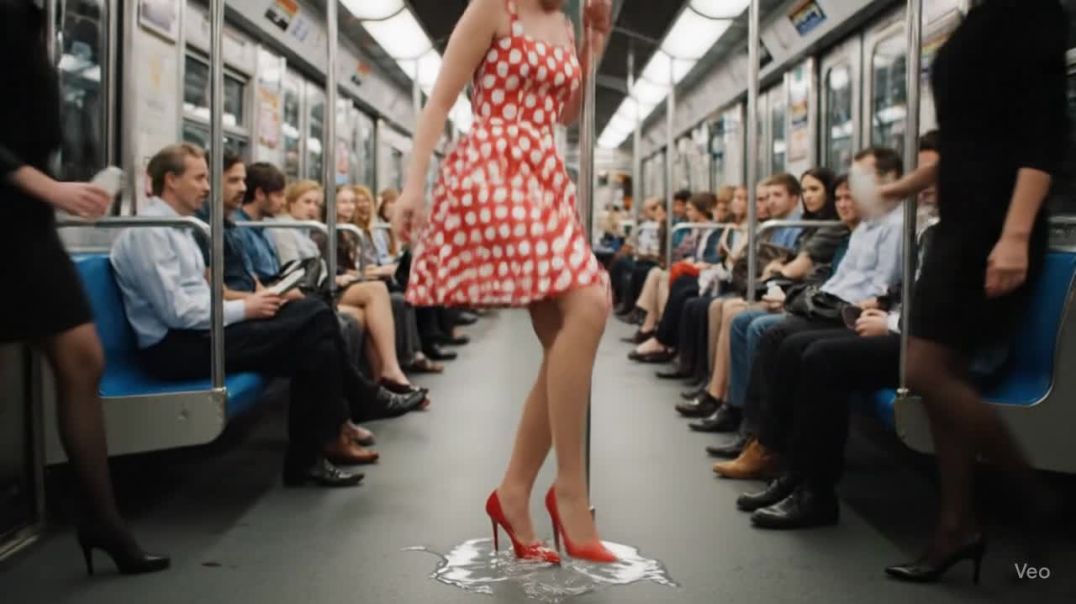 BLOND in polkadot sundress on a crowded train